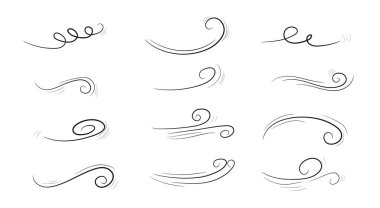 El çizimi rüzgar çizelgesi çizimi, kıvrımlı hava hareketi, soyut çizgi sanat vektörü ve akışkan duman elementleri. Hava durumu grafikleri, hareket kavramları, esinti sembolleri ve yaratıcı