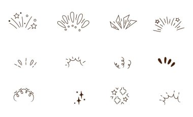 Vektör hattı konfeti ünlem simgesi elementleri elle çizilmiş patlayan ışınlar, kıvılcım patlamaları, parıldayan yıldız patlamaları ve dekoratif parlak çizgiler. Kutlama grafikleri ve festival çizimleri için mükemmel.