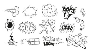 Patlama etkisi ve patlama elementleri vektörü. Dinamik tasarımlar için karikatür tarzı zap, bam ve duman taslak elementleri. Çizimler, karikatürler, karikatürler ve grafik tasarım projeleri için mükemmel..