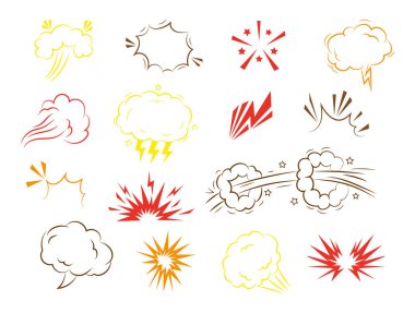 Patlama efektleri, duman ve patlama elementleri. Dinamik tasarımlar için karikatür tarzı zap, bam ve duman taslak elementleri. Çizimler, karikatürler, karikatürler ve grafikler için mükemmel