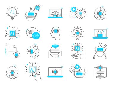 Yapay zeka AI vektörünün çeşitli yönlerini temsil eden mavi çizgi simgeleri kümesi, bir sohbet robotu, sibernetik, makine öğrenme, robotik, problem çözme, algoritma ve yapay zeka teknolojisi gibi.