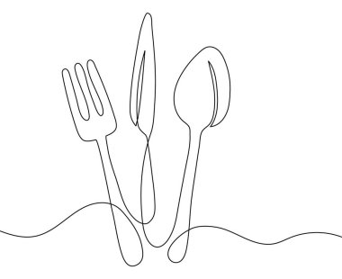 Kaşık, çatal ve bıçak gibi minimalist çizgiler. Mutfak araçlarını, yemek konseptini, sağlıklı yemekleri, kafeteryayı veya restoran temalarını temsil eden zarif bir vektör çizimi. Menüler, kafeler ve mutfak tasarımları için mükemmel..