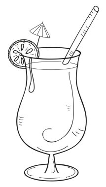Bira, şarap, Mojito, Margarita, Küba Libre, Martini ve Pi a Colada kokteylleri de dahil olmak üzere çeşitli bar içecekleri içeren el yapımı karalama tarzı vektör çizimi. Buzlu, portakallı veya alkolsüz çeşitli içecekler içerir