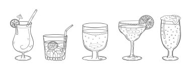 Bir bira bardağının el çizimi çizimi tasviri ve Margarita, Küba Libre, Martini ve Pi a Colada gibi çeşitli kokteyller..