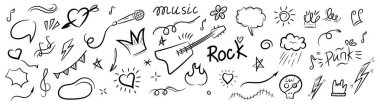Gitar, mikrofon, kalp, müzik notaları, yıldırımlar ve siyah beyaz taslak tarzında anlamlı simgeler içeren rock ve punk temalı elementlerle el çizimi karalama seti.