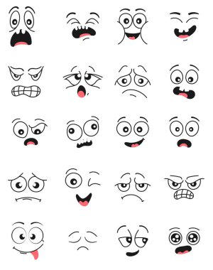 Aşk, üzüntü, öfke, kafa karışıklığı ve mutluluk gibi çeşitli duygusal ifadelerle el çizimi karikatür yüzleri. Büyük bir çizgi roman tarzı göz ve ağız seti, emoji tasarımı, çıkartma paketleri, animasyonlar veya karakter için mükemmel.