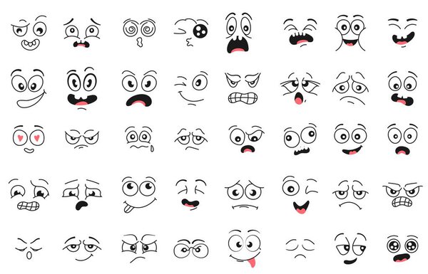 Hand-drawn doodle cartoon faces with various emotional expressions such as love, sadness, anger, confusion, and happiness. A large set of expressive comic-style eyes and mouths, perfect for emoji design, sticker packs, animations, or character