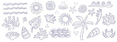El yapımı karalama tarzı deniz ve güneş, kabuklar, mercanlar, palmiye ağaçları ve okyanus dalgaları gibi tropikal elementler. Yaz tasarımları, plaj temalı projeler, tatil broşürleri, deniz süslemeleri ve çocuk resimleri için mükemmel..