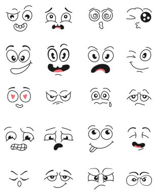 Aşk, üzüntü, öfke, kafa karışıklığı ve mutluluk gibi çeşitli duygusal ifadelerle el çizimi karikatür yüzleri. Büyük bir çizgi roman tarzı göz ve ağız seti, emoji tasarımı, çıkartma paketleri, animasyonlar veya karakter için mükemmel.