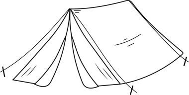 Ormanda el yapımı kamp çadırı, açık hava ve seyahat temaları için karalama tarzı çizimler..