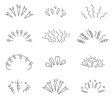 Patlamaları, patlamaları, konfetileri ve sürpriz ışınları gösteren el yapımı sürekli çizgi simgeleri koleksiyonu. Her minimalist tasarım soyut enerji yoluyla dinamik hareket ve dışavurum enerjisi taşır