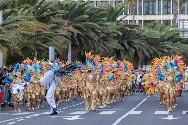 SANTA CRUZ DE TENERIFE, SPAIN - FEBRUARY 21, 2023: Around the Coso parade - along the Avenida de Anaga, official end of Carnival. Amazing warm evening, joyful people in carnival costumes have fun.