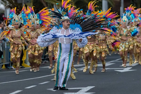 SANTA CRUZ DE TENERIFE, SPAIN - FEBRUARY 21, 2023: Around the Coso parade - along the Avenida de Anaga, official end of Carnival. Amazing warm evening, joyful people in carnival costumes have fun.