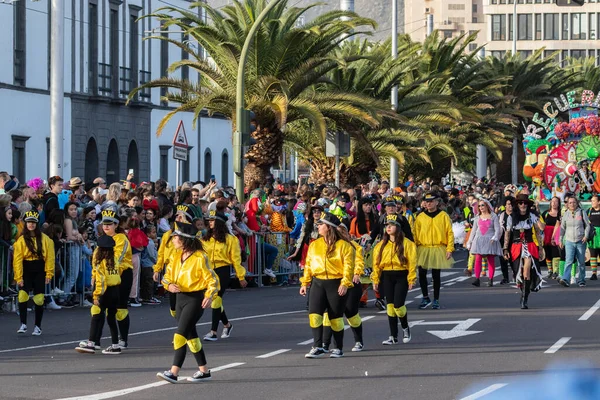 SANTA CRUZ DE TENERIFE, SPAIN - FEBRUARY 21, 2023: Coso parade - along the Avenida de Anaga, official end of Carnival. Again march carnival groups, floats, decorated cars and the Carnival Queens.