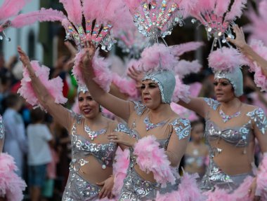 SANTA CRUZ DE TENERIFE, SPAIN - FEBRUARY 21, 2023: Around the Coso parade - along the Avenida de Anaga, official end of Carnival. Amazing warm evening, joyful people in carnival costumes have fun.