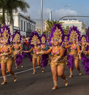 Santa CRUZ DE TENERIFE, İspanya - 13 Şubat 2024: The Coso geçidi, Cavalcada - Avenida de Anaga boyunca, Karnaval 'ın resmi sonu. İnanılmaz sıcak bir akşam, karnaval kostümlü neşeli insanlar eğleniyor..