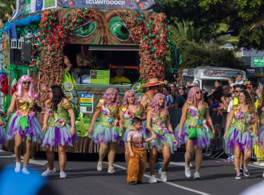 Santa CRUZ DE TENERIFE, İspanya - 13 Şubat 2024: The Coso geçidi, Cavalcada - Avenida de Anaga boyunca, Karnaval 'ın resmi sonu. İnanılmaz sıcak bir akşam, karnaval kostümlü neşeli insanlar eğleniyor..