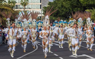 Santa CRUZ DE TENERIFE, İspanya - 13 Şubat 2024: The Coso geçidi, Cavalcada - Avenida de Anaga boyunca, Karnaval 'ın resmi sonu. İnanılmaz sıcak bir akşam, karnaval kostümlü neşeli insanlar eğleniyor..