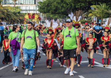 Santa CRUZ DE TENERIFE, İspanya - 13 Şubat 2024: The Coso geçidi, Cavalcada - Avenida de Anaga boyunca, Karnaval 'ın resmi sonu. İnanılmaz sıcak bir akşam, karnaval kostümlü neşeli insanlar eğleniyor..
