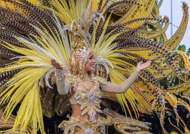 Santa CRUZ DE TENERIFE, İspanya - 13 Şubat 2024: The Coso geçidi, Cavalcada - Avenida de Anaga boyunca, Karnaval 'ın resmi sonu. İnanılmaz sıcak bir akşam, karnaval kostümlü neşeli insanlar eğleniyor..