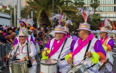 Santa CRUZ DE TENERIFE, İspanya - 13 Şubat 2024: The Coso geçidi, Cavalcada - Avenida de Anaga boyunca, Karnaval 'ın resmi sonu. İnanılmaz sıcak bir akşam, karnaval kostümlü neşeli insanlar eğleniyor..