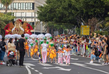 Santa CRUZ DE TENERIFE, İspanya - 13 Şubat 2024: The Coso geçidi, Cavalcada - Avenida de Anaga boyunca, Karnaval 'ın resmi sonu. İnanılmaz sıcak bir akşam, karnaval kostümlü neşeli insanlar eğleniyor..