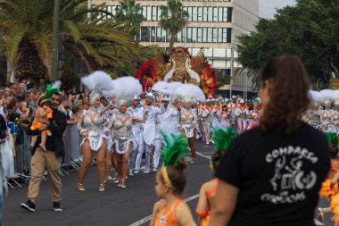 SANTA CRUZ DE TENERIFE, SPAIN - FEBRUARY 13, 2024: The Coso parade, Cavalcada - along the Avenida de Anaga, official end of Carnival. Amazing warm evening, joyful people in carnival costumes have fun. clipart
