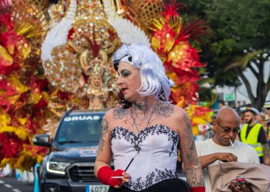 Santa CRUZ DE TENERIFE, İspanya - 13 Şubat 2024: The Coso geçidi, Cavalcada - Avenida de Anaga boyunca, Karnaval 'ın resmi sonu. İnanılmaz sıcak bir akşam, karnaval kostümlü neşeli insanlar eğleniyor..