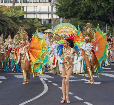 Santa CRUZ DE TENERIFE, İspanya - 13 Şubat 2024: The Coso geçidi, Cavalcada - Avenida de Anaga boyunca, Karnaval 'ın resmi sonu. İnanılmaz sıcak bir akşam, karnaval kostümlü neşeli insanlar eğleniyor..