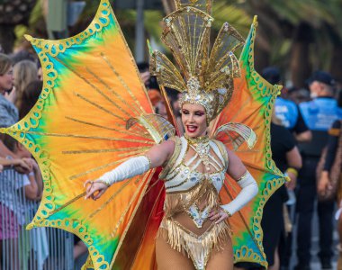 Santa CRUZ DE TENERIFE, İspanya - 13 Şubat 2024: The Coso geçidi, Cavalcada - Avenida de Anaga boyunca, Karnaval 'ın resmi sonu. İnanılmaz sıcak bir akşam, karnaval kostümlü neşeli insanlar eğleniyor..