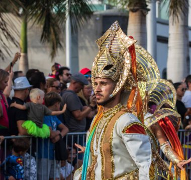 Santa CRUZ DE TENERIFE, İspanya - 13 Şubat 2024: The Coso geçidi, Cavalcada - Avenida de Anaga boyunca, Karnaval 'ın resmi sonu. İnanılmaz sıcak bir akşam, karnaval kostümlü neşeli insanlar eğleniyor..