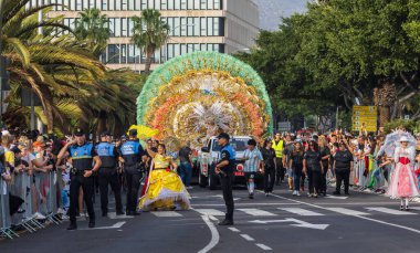Santa CRUZ DE TENERIFE, İspanya - 13 Şubat 2024: The Coso geçidi, Cavalcada - Avenida de Anaga boyunca, Karnaval 'ın resmi sonu. İnanılmaz sıcak bir akşam, karnaval kostümlü neşeli insanlar eğleniyor..