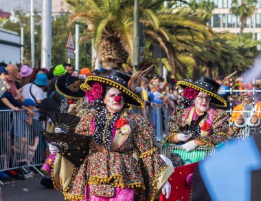 Santa CRUZ DE TENERIFE, İspanya - 13 Şubat 2024: The Coso geçidi, Cavalcada - Avenida de Anaga boyunca, Karnaval 'ın resmi sonu. İnanılmaz sıcak bir akşam, karnaval kostümlü neşeli insanlar eğleniyor..