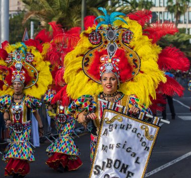 Santa CRUZ DE TENERIFE, İspanya - 13 Şubat 2024: The Coso geçidi, Cavalcada - Avenida de Anaga boyunca, Karnaval 'ın resmi sonu. İnanılmaz sıcak bir akşam, karnaval kostümlü neşeli insanlar eğleniyor..