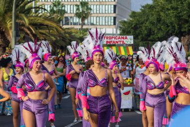 Santa CRUZ DE TENERIFE, İspanya - 13 Şubat 2024: The Coso geçidi, Cavalcada - Avenida de Anaga boyunca, Karnaval 'ın resmi sonu. İnanılmaz sıcak bir akşam, karnaval kostümlü neşeli insanlar eğleniyor..