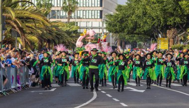 Santa CRUZ DE TENERIFE, İspanya - 13 Şubat 2024: The Coso geçidi, Cavalcada - Avenida de Anaga boyunca, Karnaval 'ın resmi sonu. İnanılmaz sıcak bir akşam, karnaval kostümlü neşeli insanlar eğleniyor..