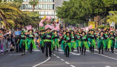 Santa CRUZ DE TENERIFE, İspanya - 13 Şubat 2024: The Coso geçidi, Cavalcada - Avenida de Anaga boyunca, Karnaval 'ın resmi sonu. İnanılmaz sıcak bir akşam, karnaval kostümlü neşeli insanlar eğleniyor..