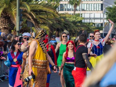 Santa CRUZ DE TENERIFE, İspanya - 13 Şubat 2024: The Coso geçidi, Cavalcada - Avenida de Anaga boyunca, Karnaval 'ın resmi sonu. İnanılmaz sıcak bir akşam, karnaval kostümlü neşeli insanlar eğleniyor..