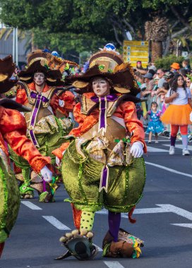 Santa CRUZ DE TENERIFE, İspanya - 13 Şubat 2024: The Coso geçidi, Cavalcada - Avenida de Anaga boyunca, Karnaval 'ın resmi sonu. İnanılmaz sıcak bir akşam, karnaval kostümlü neşeli insanlar eğleniyor..