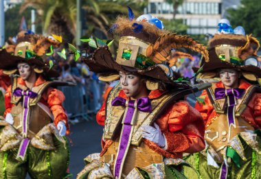 Santa CRUZ DE TENERIFE, İspanya - 13 Şubat 2024: The Coso geçidi, Cavalcada - Avenida de Anaga boyunca, Karnaval 'ın resmi sonu. İnanılmaz sıcak bir akşam, karnaval kostümlü neşeli insanlar eğleniyor..