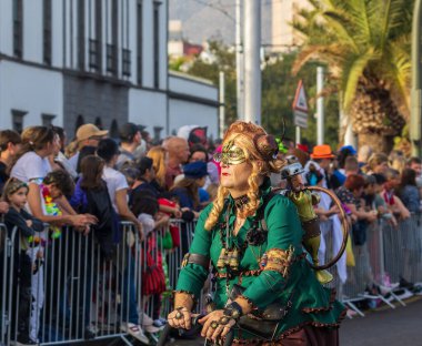 Santa CRUZ DE TENERIFE, İspanya - 13 Şubat 2024: The Coso geçidi, Cavalcada - Avenida de Anaga boyunca, Karnaval 'ın resmi sonu. İnanılmaz sıcak bir akşam, karnaval kostümlü neşeli insanlar eğleniyor..