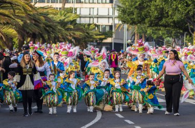 Santa CRUZ DE TENERIFE, İspanya - 13 Şubat 2024: The Coso geçidi, Cavalcada - Avenida de Anaga boyunca, Karnaval 'ın resmi sonu. İnanılmaz sıcak bir akşam, karnaval kostümlü neşeli insanlar eğleniyor..