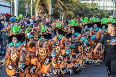 Santa CRUZ DE TENERIFE, İspanya - 13 Şubat 2024: The Coso geçidi, Cavalcada - Avenida de Anaga boyunca, Karnaval 'ın resmi sonu. İnanılmaz sıcak bir akşam, karnaval kostümlü neşeli insanlar eğleniyor..