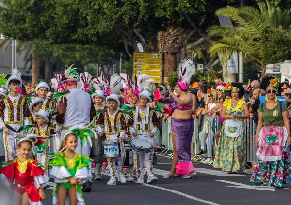 Santa CRUZ DE TENERIFE, İspanya - 13 Şubat 2024: The Coso geçidi, Cavalcada - Avenida de Anaga boyunca, Karnaval 'ın resmi sonu. İnanılmaz sıcak bir akşam, karnaval kostümlü neşeli insanlar eğleniyor..