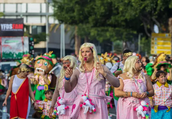 Santa CRUZ DE TENERIFE, İspanya - 13 Şubat 2024: The Coso geçidi, Cavalcada - Avenida de Anaga boyunca, Karnaval 'ın resmi sonu. İnanılmaz sıcak bir akşam, karnaval kostümlü neşeli insanlar eğleniyor..