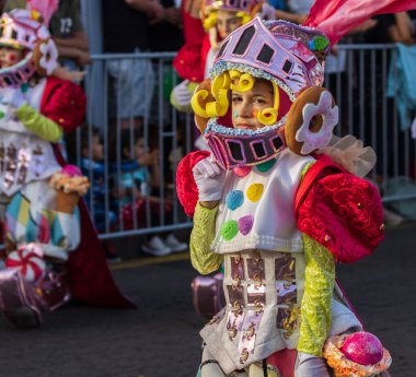 Santa CRUZ DE TENERIFE, İspanya - 13 Şubat 2024: The Coso geçidi, Cavalcada - Avenida de Anaga boyunca, Karnaval 'ın resmi sonu. İnanılmaz sıcak bir akşam, karnaval kostümlü neşeli insanlar eğleniyor..