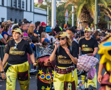 Santa CRUZ DE TENERIFE, İspanya - 13 Şubat 2024: The Coso geçidi, Cavalcada - Avenida de Anaga boyunca, Karnaval 'ın resmi sonu. İnanılmaz sıcak bir akşam, karnaval kostümlü neşeli insanlar eğleniyor..