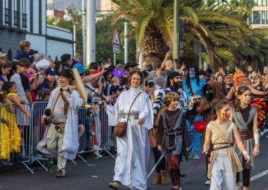 Santa CRUZ DE TENERIFE, İspanya - 13 Şubat 2024: The Coso geçidi, Cavalcada - Avenida de Anaga boyunca, Karnaval 'ın resmi sonu. İnanılmaz sıcak bir akşam, karnaval kostümlü neşeli insanlar eğleniyor..