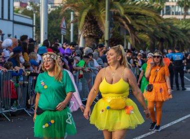Santa CRUZ DE TENERIFE, İspanya - 13 Şubat 2024: The Coso geçidi, Cavalcada - Avenida de Anaga boyunca, Karnaval 'ın resmi sonu. İnanılmaz sıcak bir akşam, karnaval kostümlü neşeli insanlar eğleniyor..