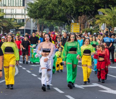 Santa CRUZ DE TENERIFE, İspanya - 13 Şubat 2024: The Coso geçidi, Cavalcada - Avenida de Anaga boyunca, Karnaval 'ın resmi sonu. İnanılmaz sıcak bir akşam, karnaval kostümlü neşeli insanlar eğleniyor..